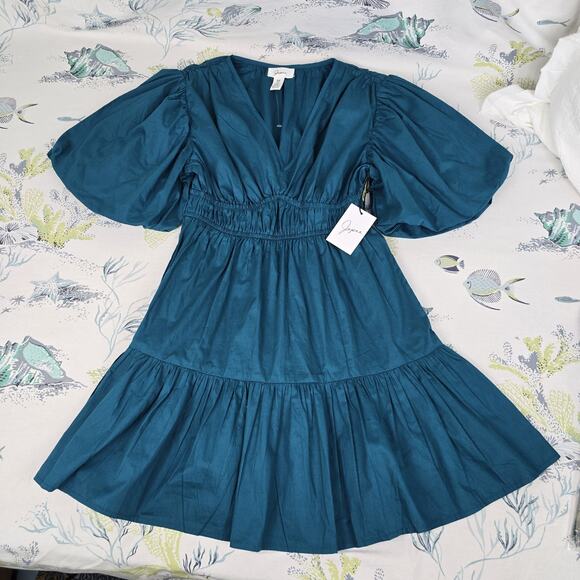 NWT Teal Empire Waist Puff Sleeve Dress Size M - Picture 8 of 12